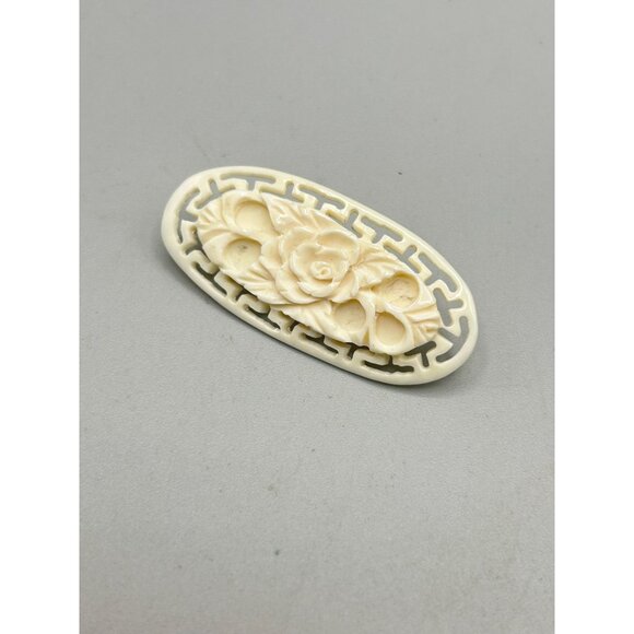 Vintage Carved Celluloid Ivory White Floral Brooch Pin Intricate Rose Design - Picture 2 of 6